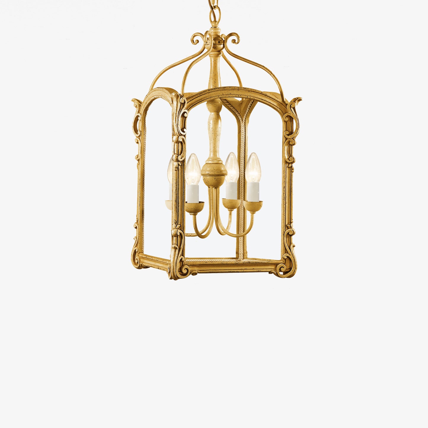 Antique gold wood lantern with glass.