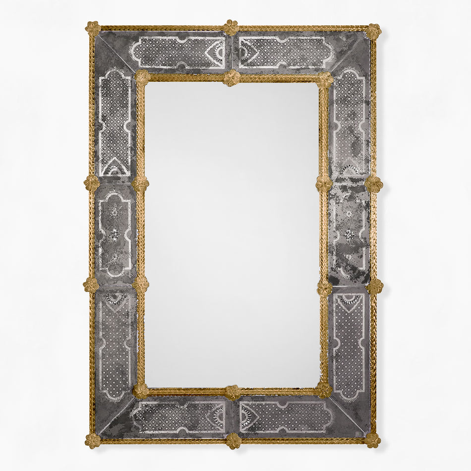 Dark gray Murano glass mirror with amber details.