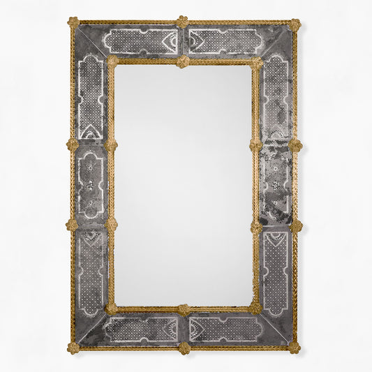 Dark gray Murano glass mirror with amber details.