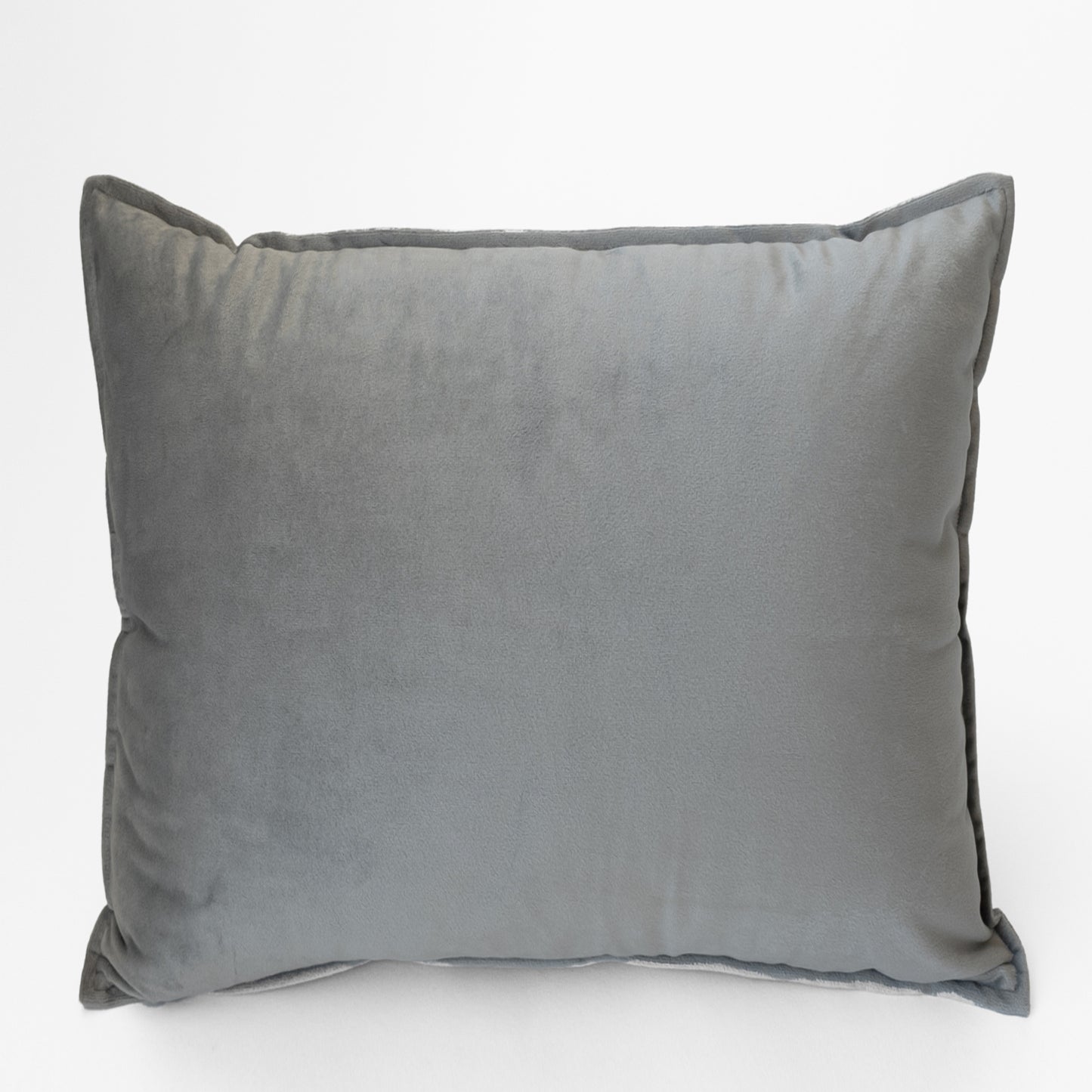 Gray velvet square decorative pillow.