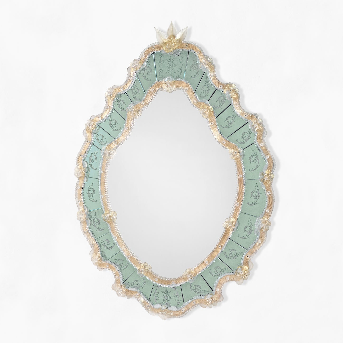 Ornate green Murano glass mirror with gold trim.