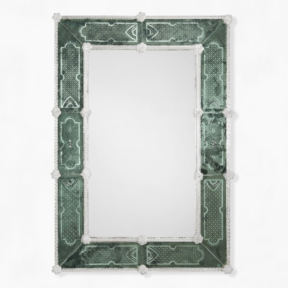 Green rectangular Murano glass mirror with clear border.