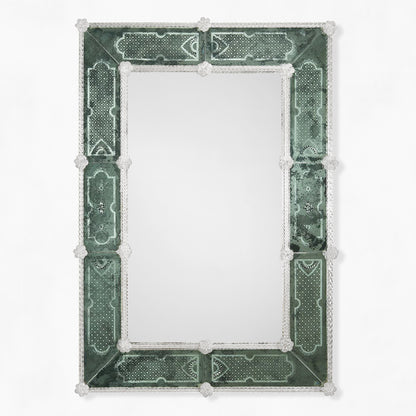 Green rectangular Murano glass mirror with clear border.