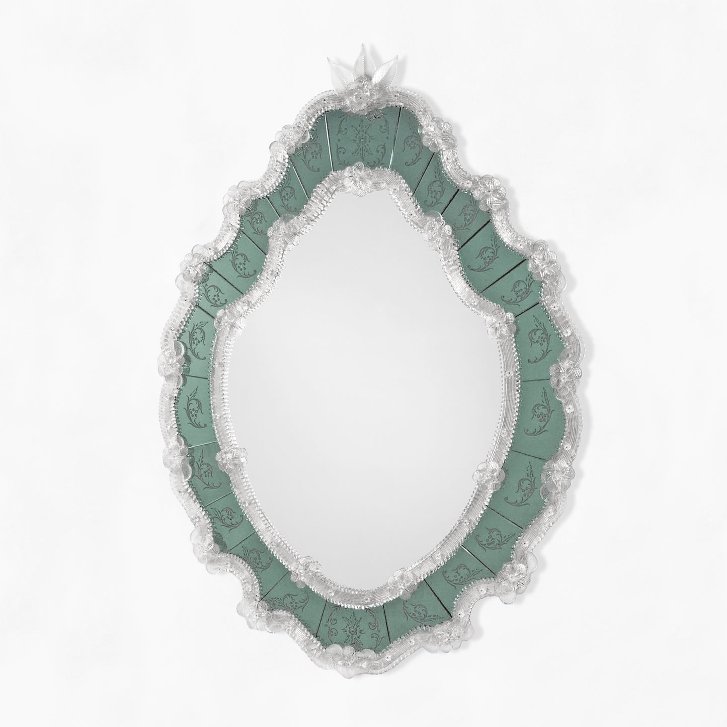 Green Murano glass mirror with clear border.