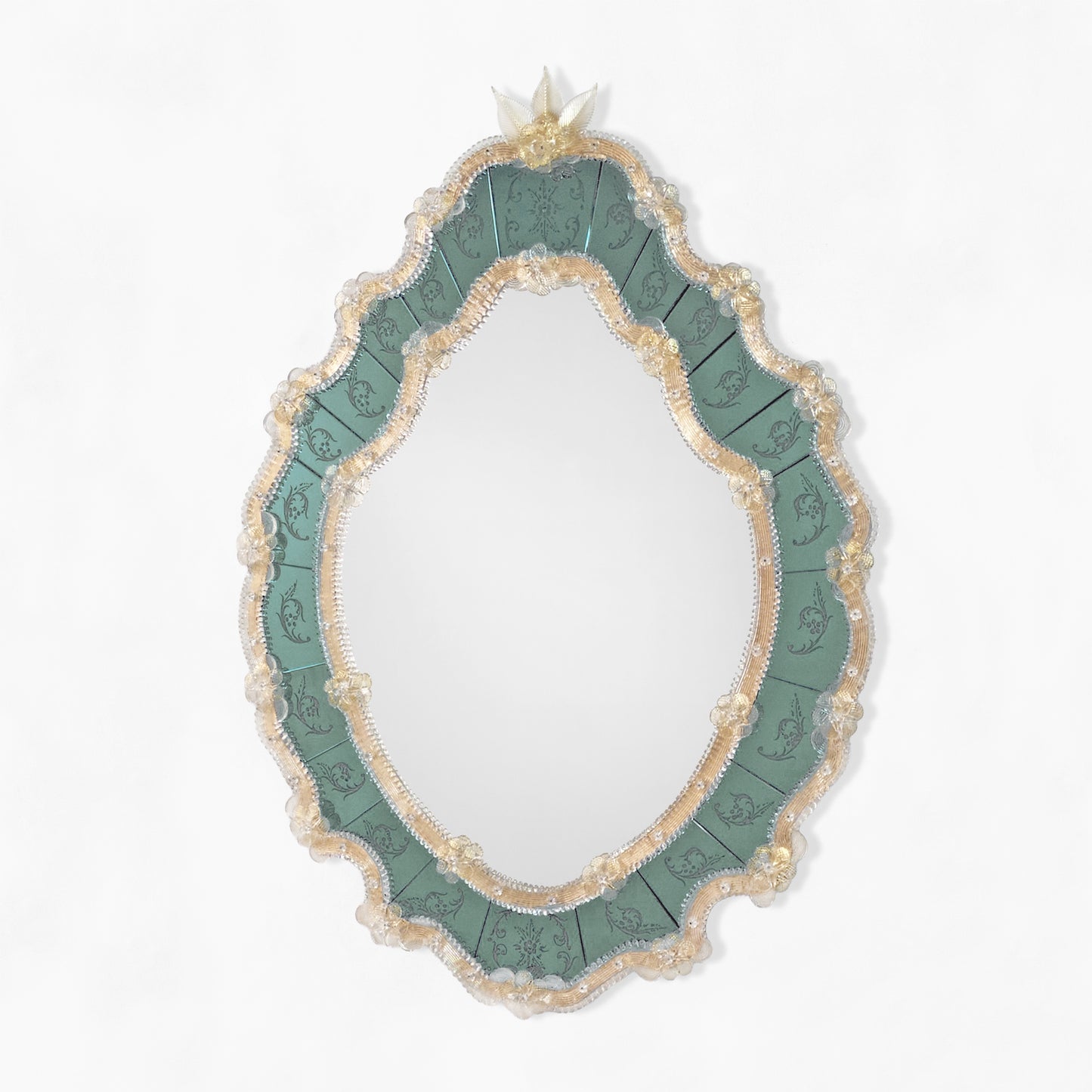 Green Murano glass mirror with gold border.