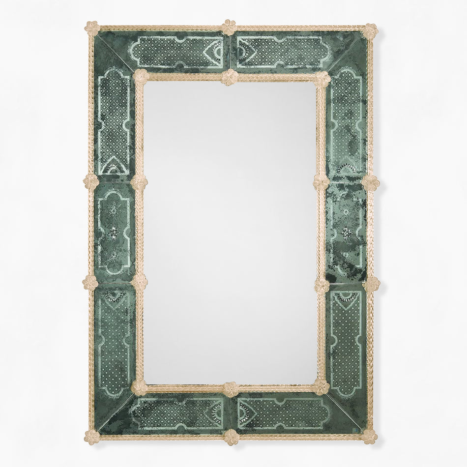 Green rectangular Murano glass mirror with gold border.