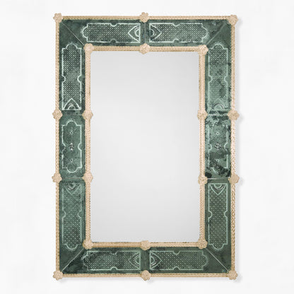 Green rectangular Murano glass mirror with gold border.