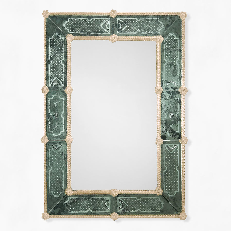 Antique green Murano glass mirror with gold border.