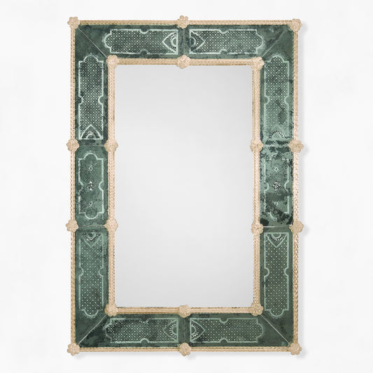 Antique green Murano glass mirror with gold border.