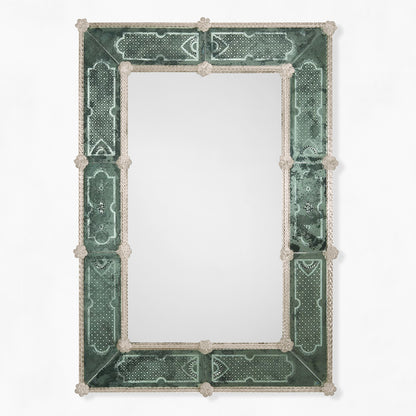 Green rectangular Murano glass mirror with gray border.