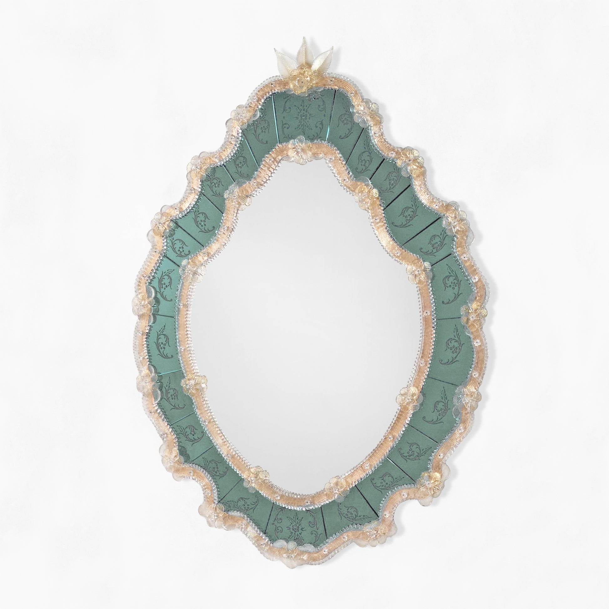 Green Murano glass mirror with gold border.