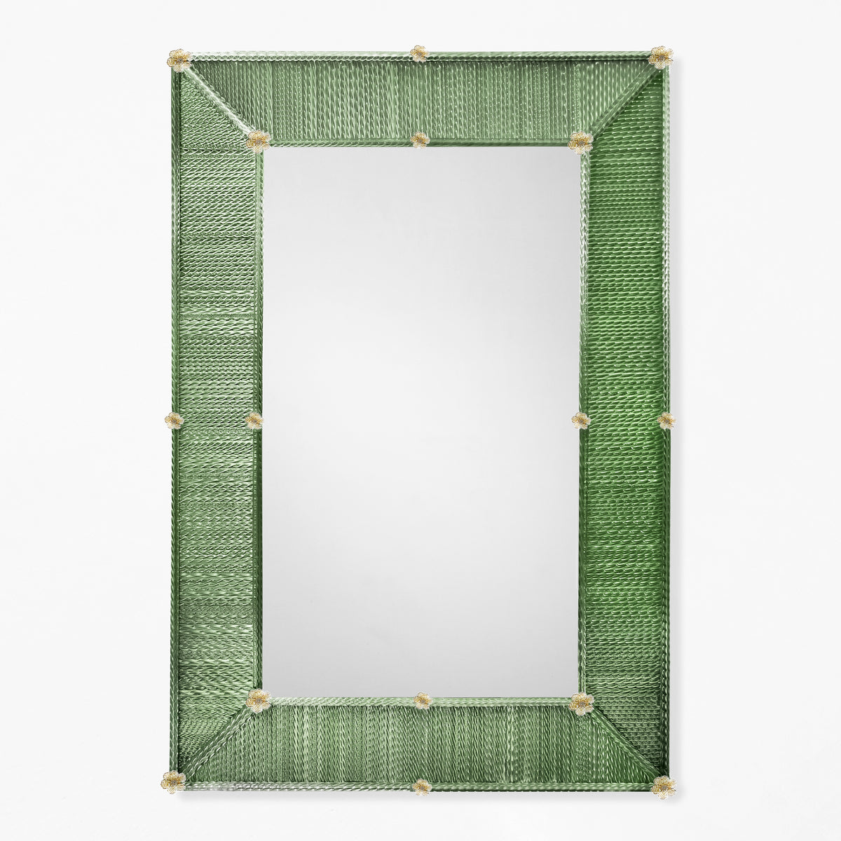 A green Murano glass mirror with gold rosettes.