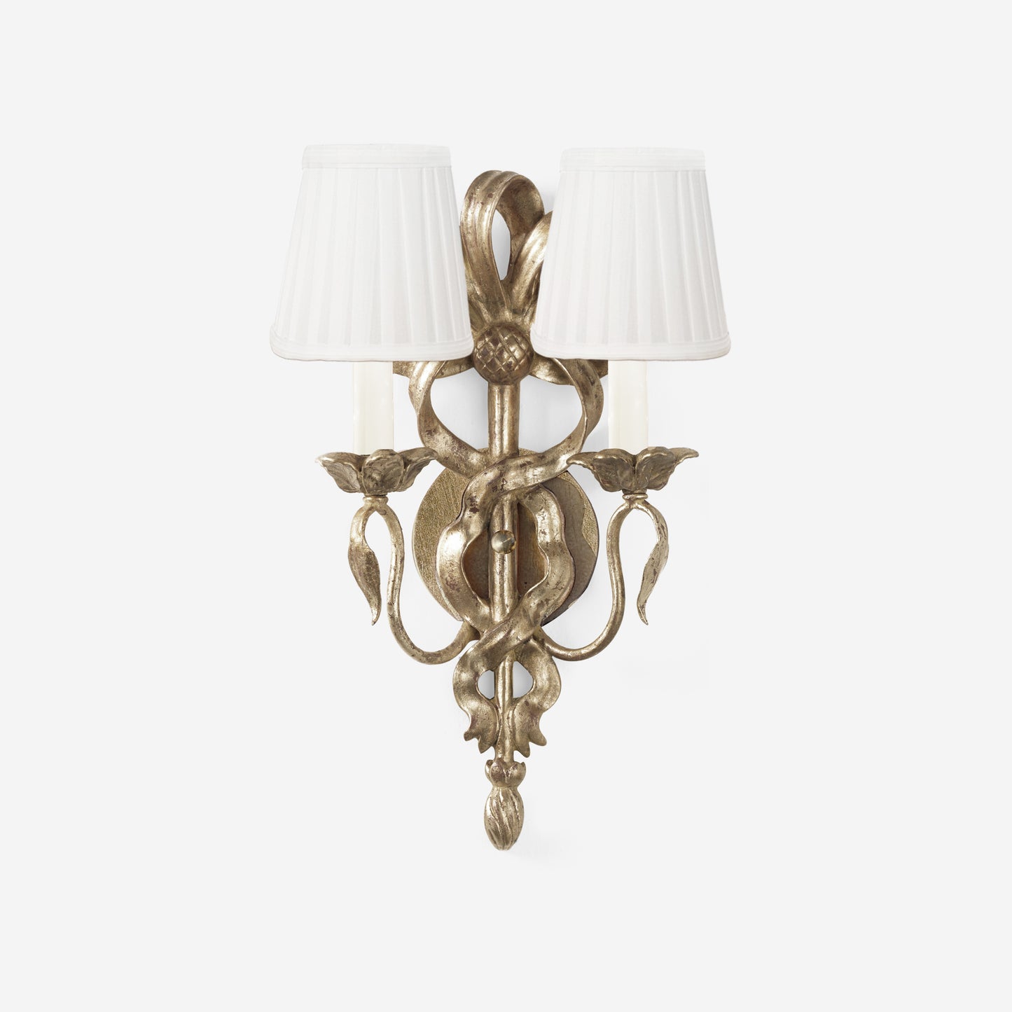 Silver wood sconce with white pleated shades.