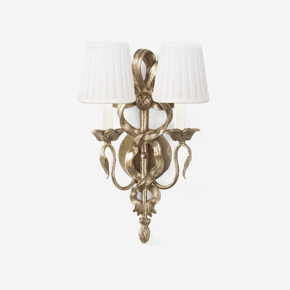 Silver wood sconce with white pleated shades.