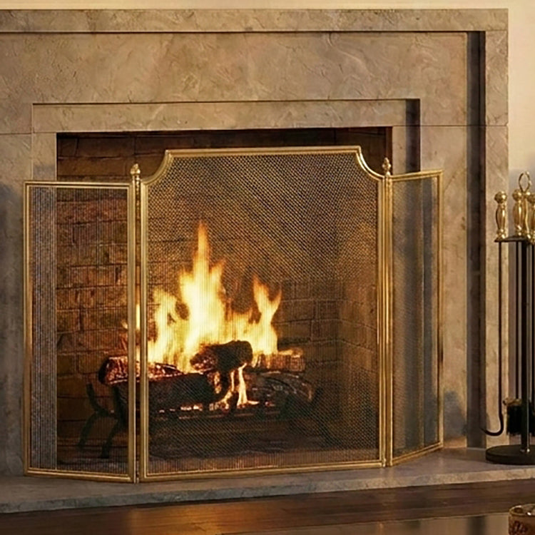 Luxurious living room with brass fireplace screen and large Italian crystal sconce.
