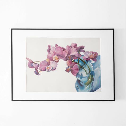 Watercolor painting of a magenta orchid in a black frame.