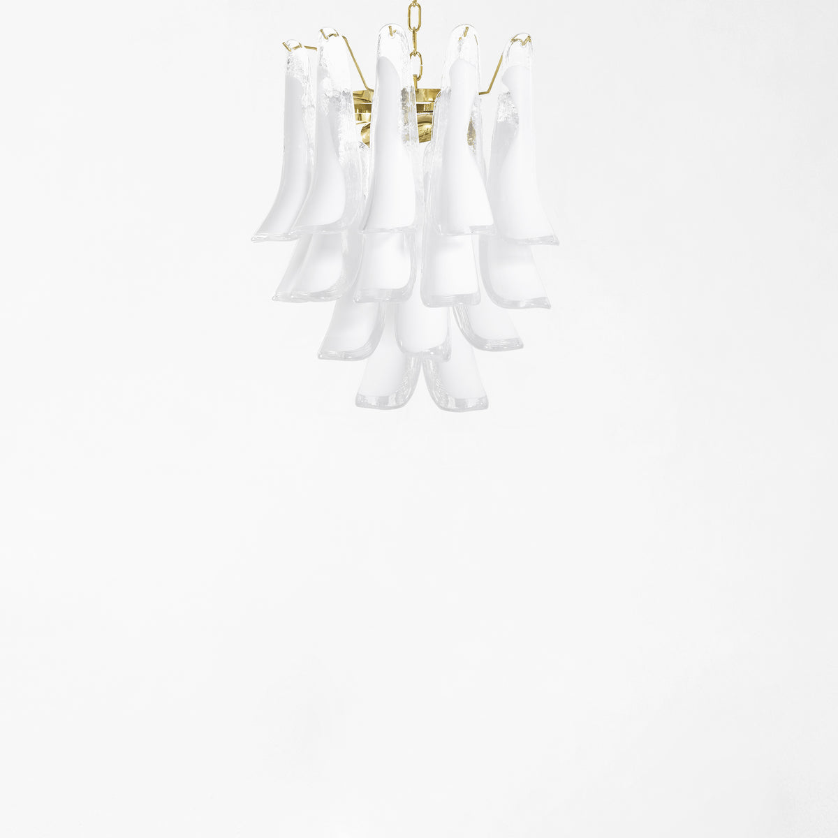 Clear and white Murano glass chandelier with brass hardware.