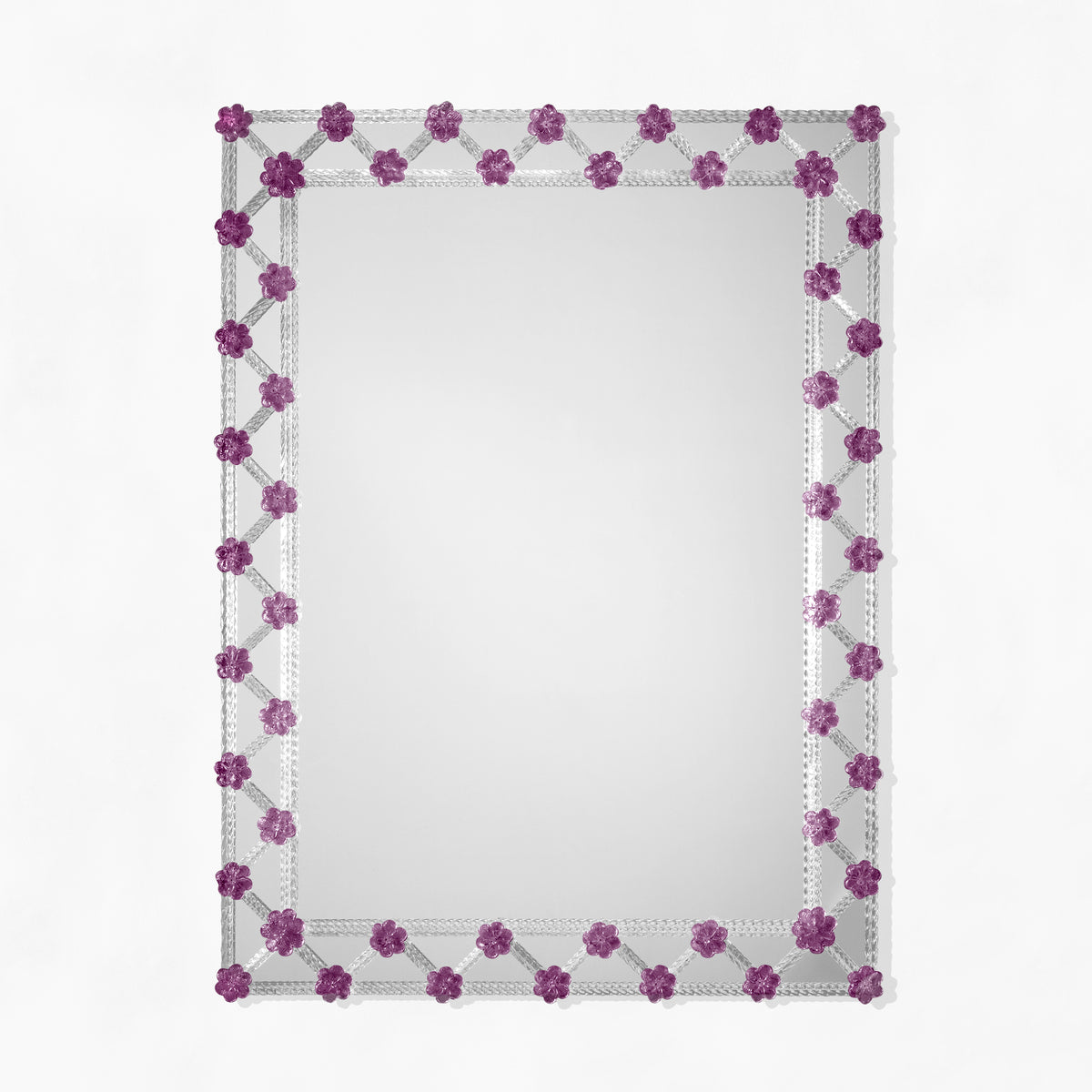 Dark purple Venetian glass mirror with rosettes.