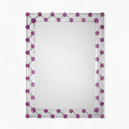 Dark purple Venetian glass mirror with rosettes.