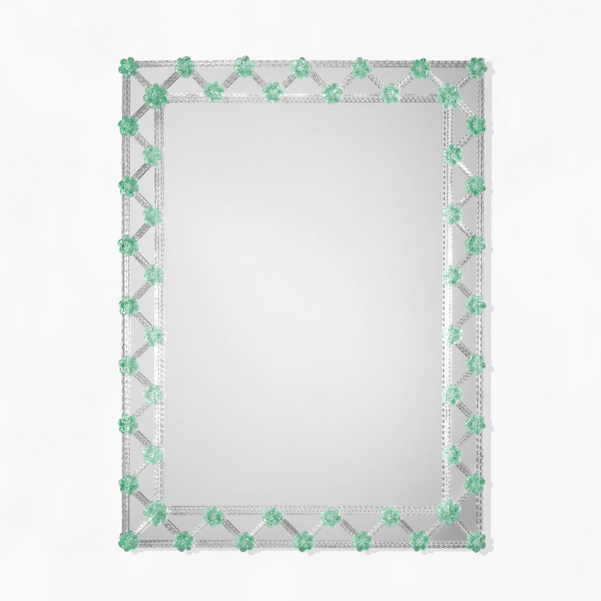 Green Venetian glass mirror with rosettes.