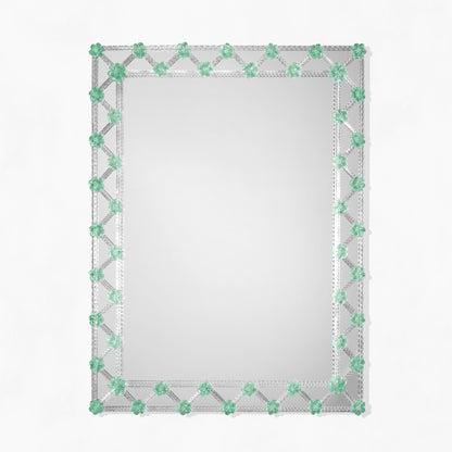 Green Venetian glass mirror with rosettes.