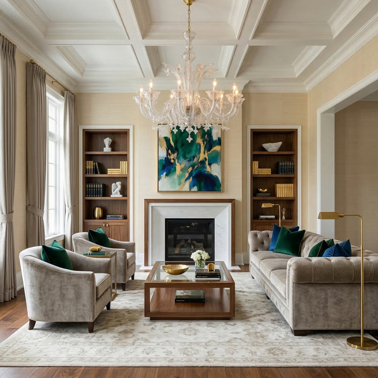 Clear Murano glass chandelier in luxurious living room.