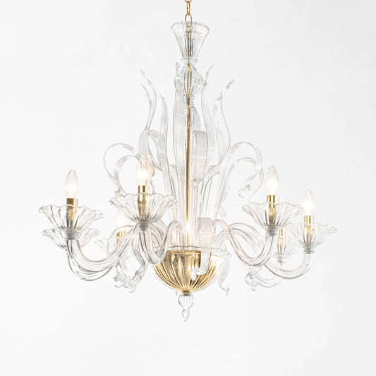 Clear Murano glass chandelier with gold hardware.