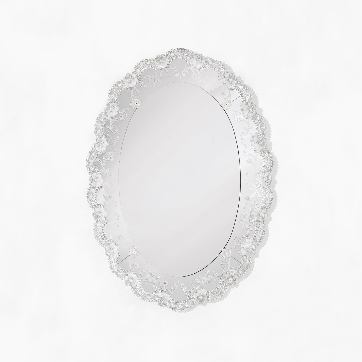 Ornate oval Murano glass mirror.
