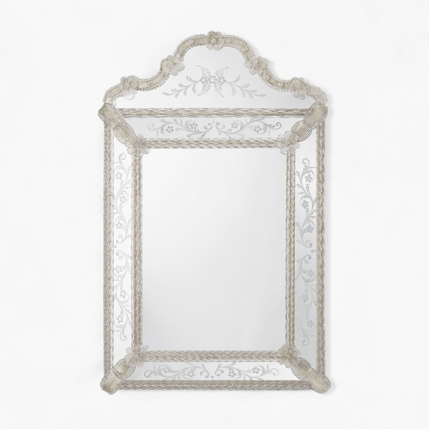 Ornate Murano glass mirror with smoke glass.