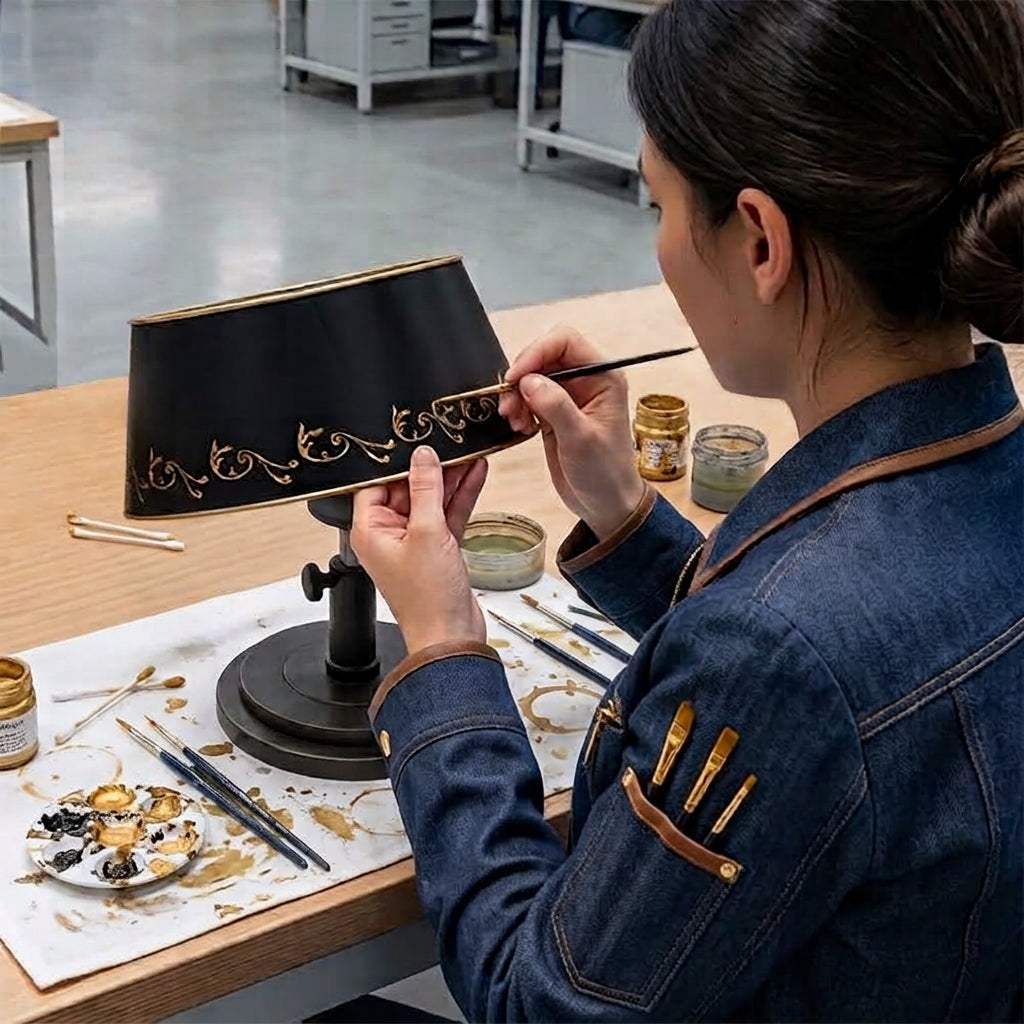 A painter painting a bouillotte lamp by hand.