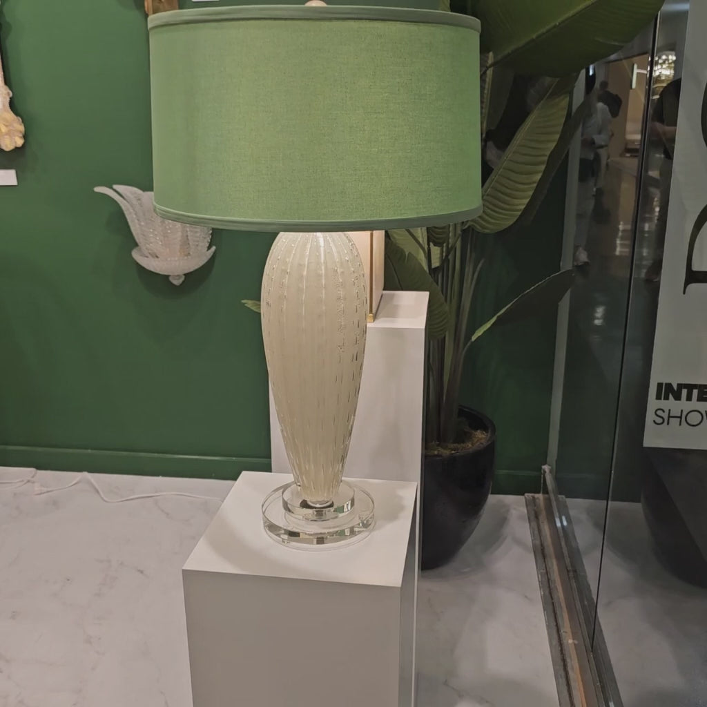 White Murano glass table lamp with green lamp shade.