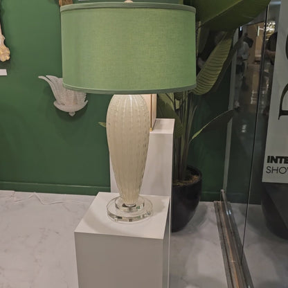 White Murano glass table lamp with green lamp shade.