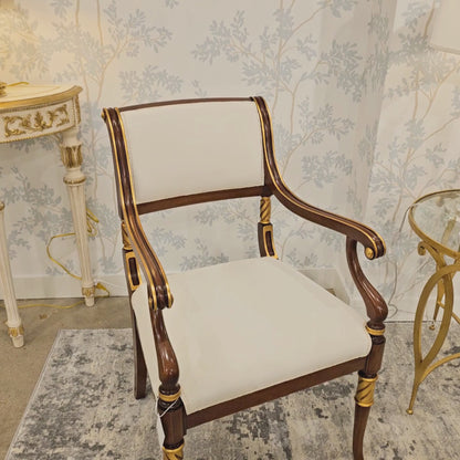 Brown and gold Italian wood chair with white fabric.