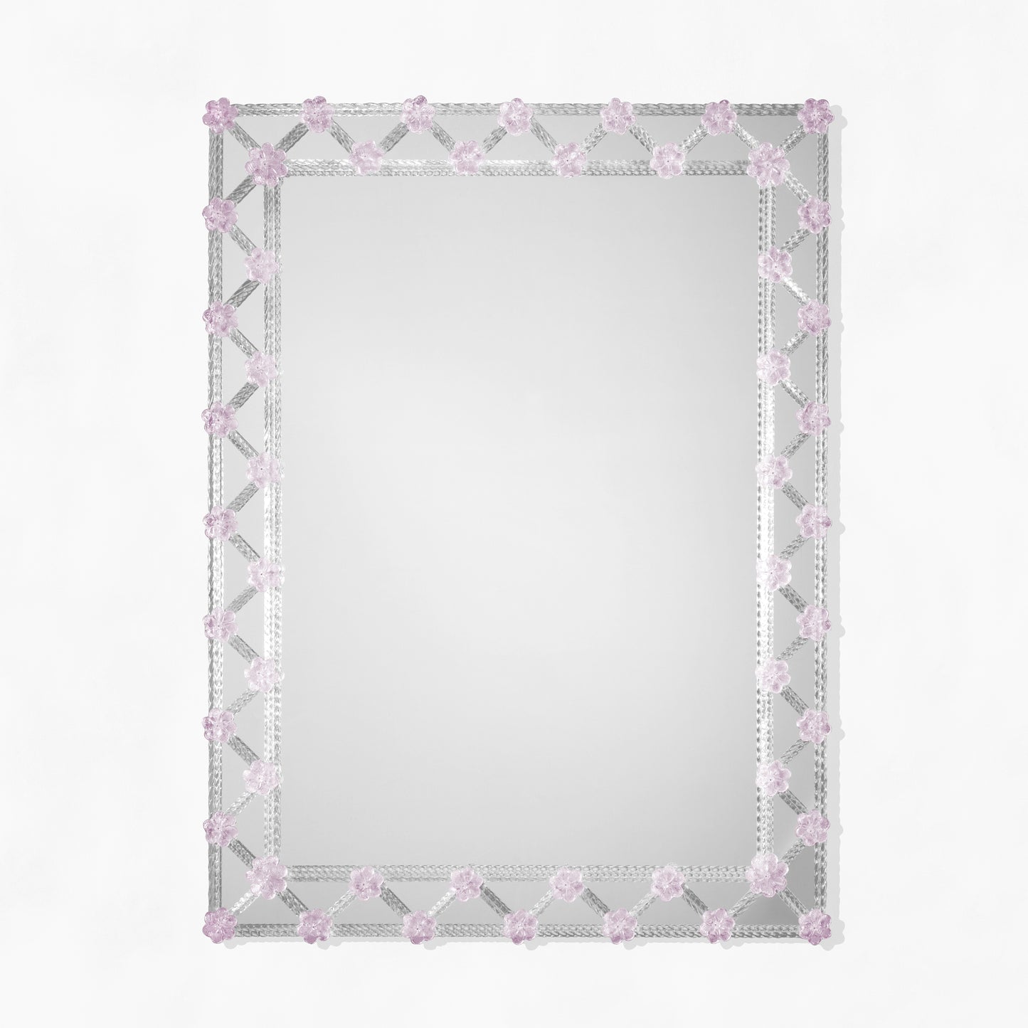 Decorative Murano glass mirror with purple flowers.