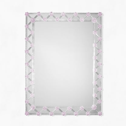 Decorative Murano glass mirror with purple flowers.