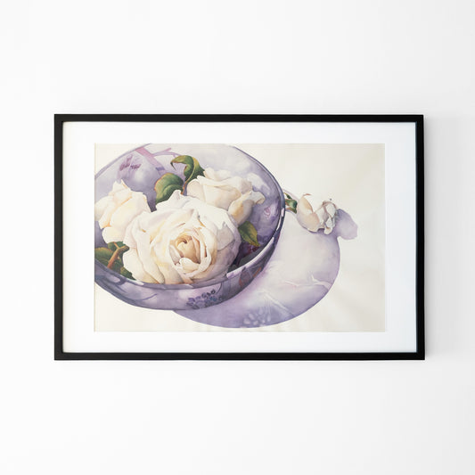 Watercolor painting of a white flower in a purple bowl in a black frame.