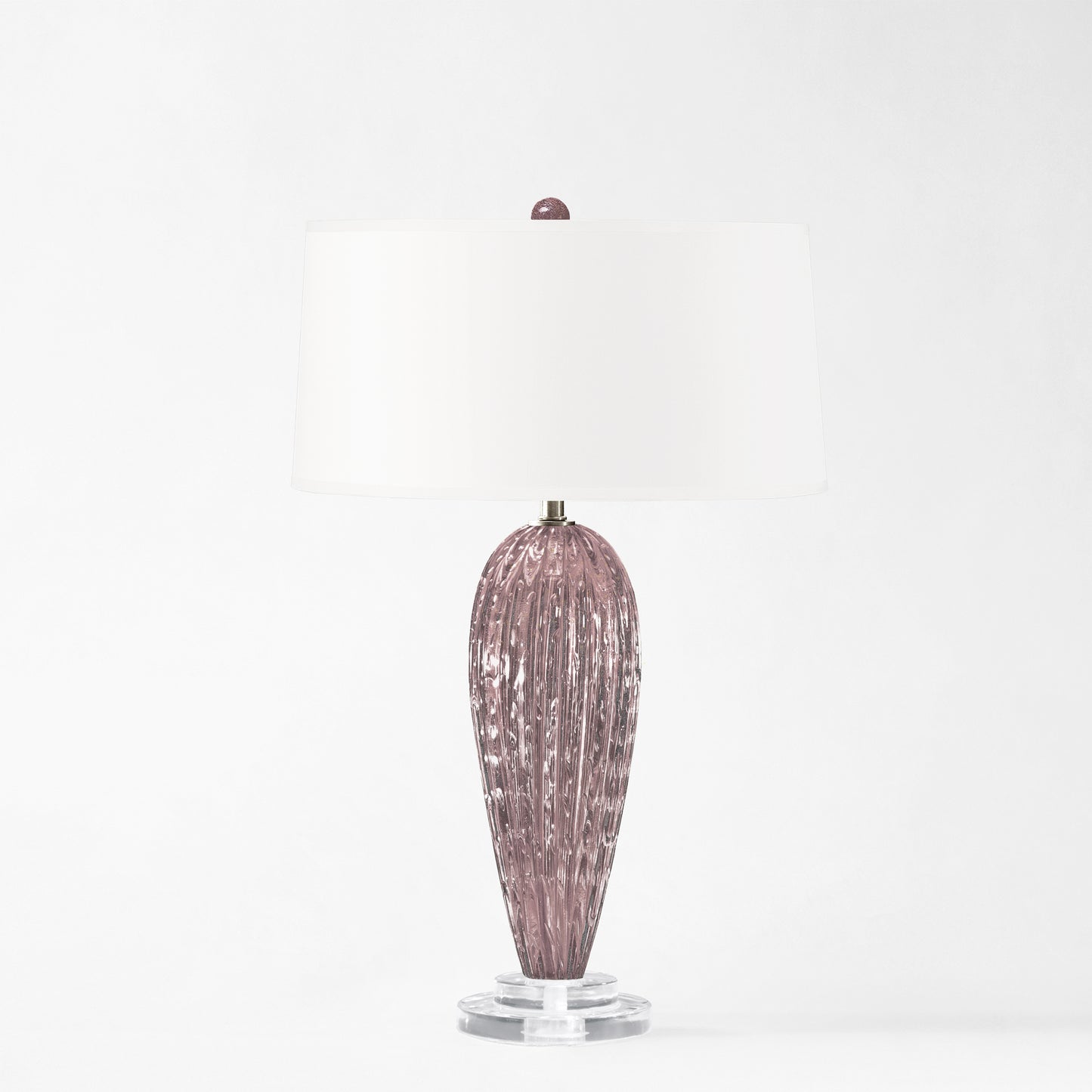 Purple Murano glass table lamp with white lamp shade.