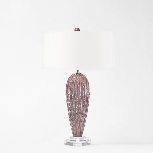 Purple Murano glass table lamp with white lamp shade.