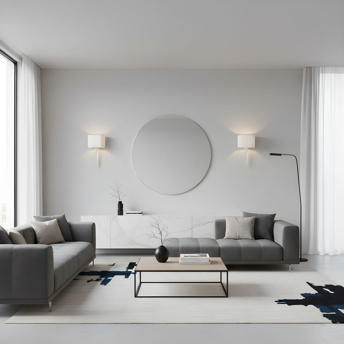 Luxurious crystal sconces in modern living room.