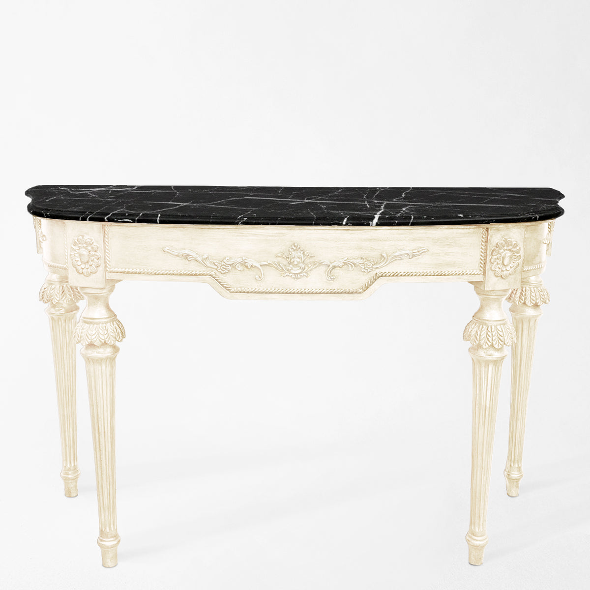 Luxurious Italian console table with black Nero Marquina marble top.