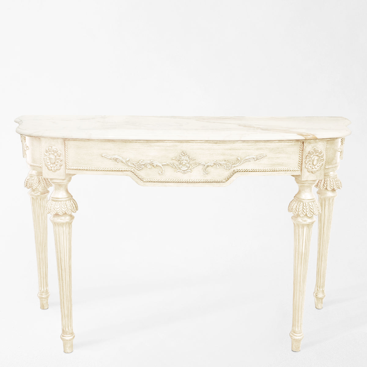 Luxurious Italian console table with white Calacatta gold marble top.