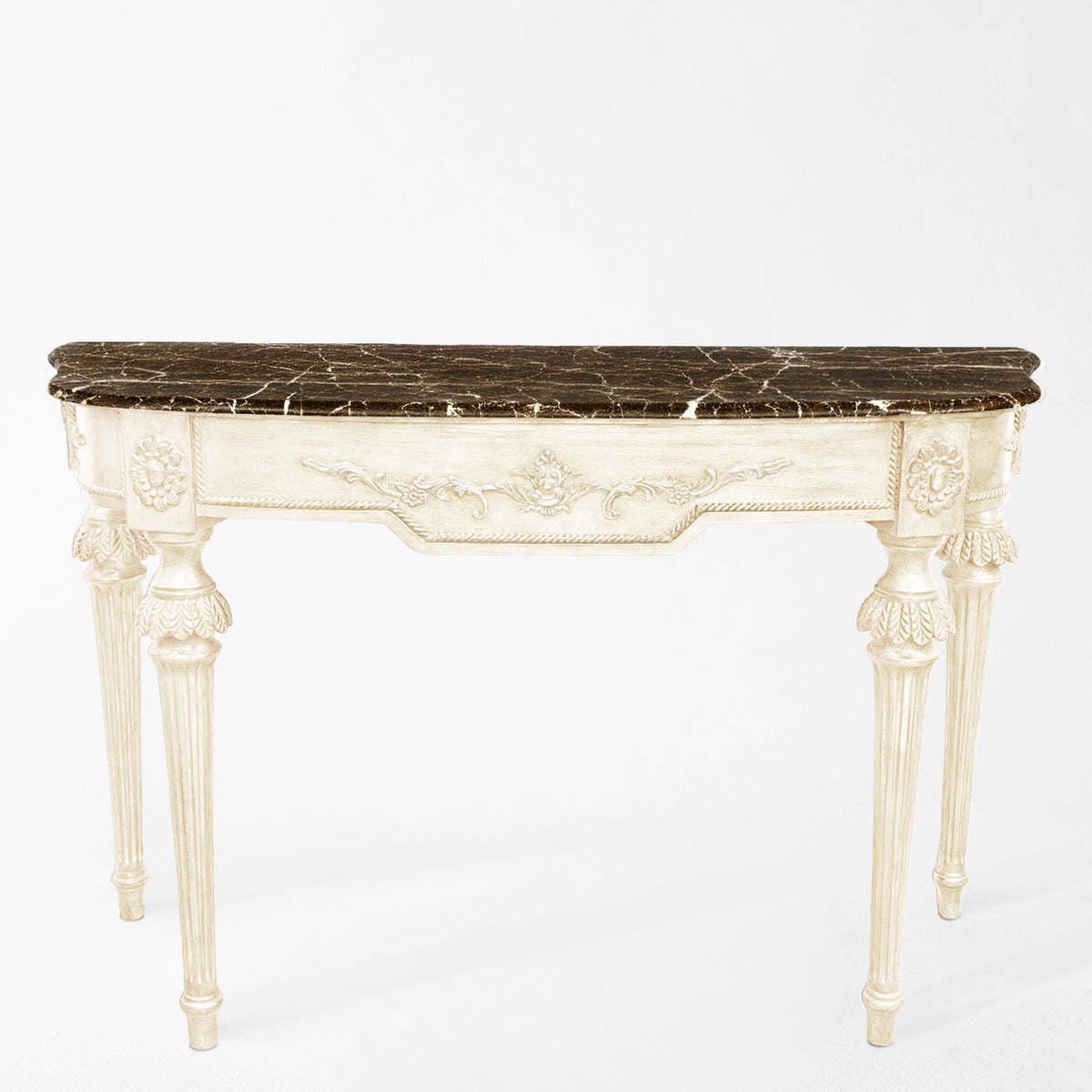 Luxurious Italian console table with brown Emperador marble top.