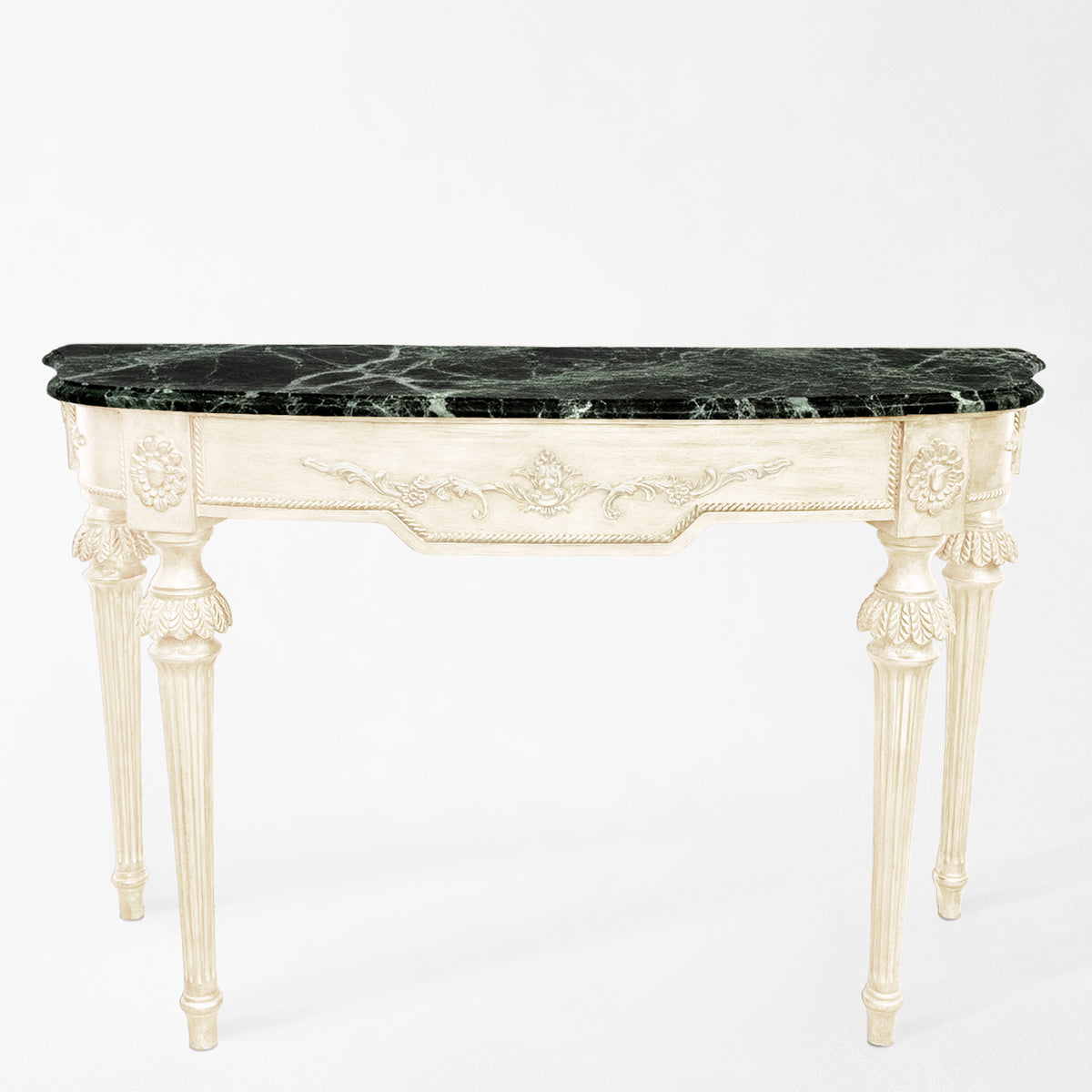 Luxurious Italian console table with green Verde Alpi marble top.