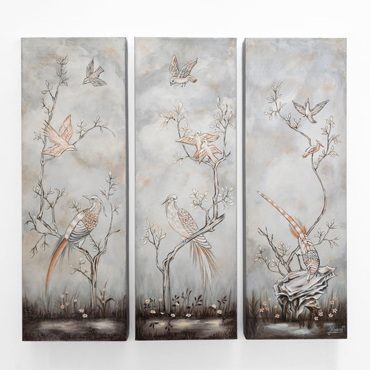 Silver Asian triptych painting with birds and flowers.