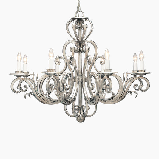 Italian iron chandelier with antique silver leaf finish.