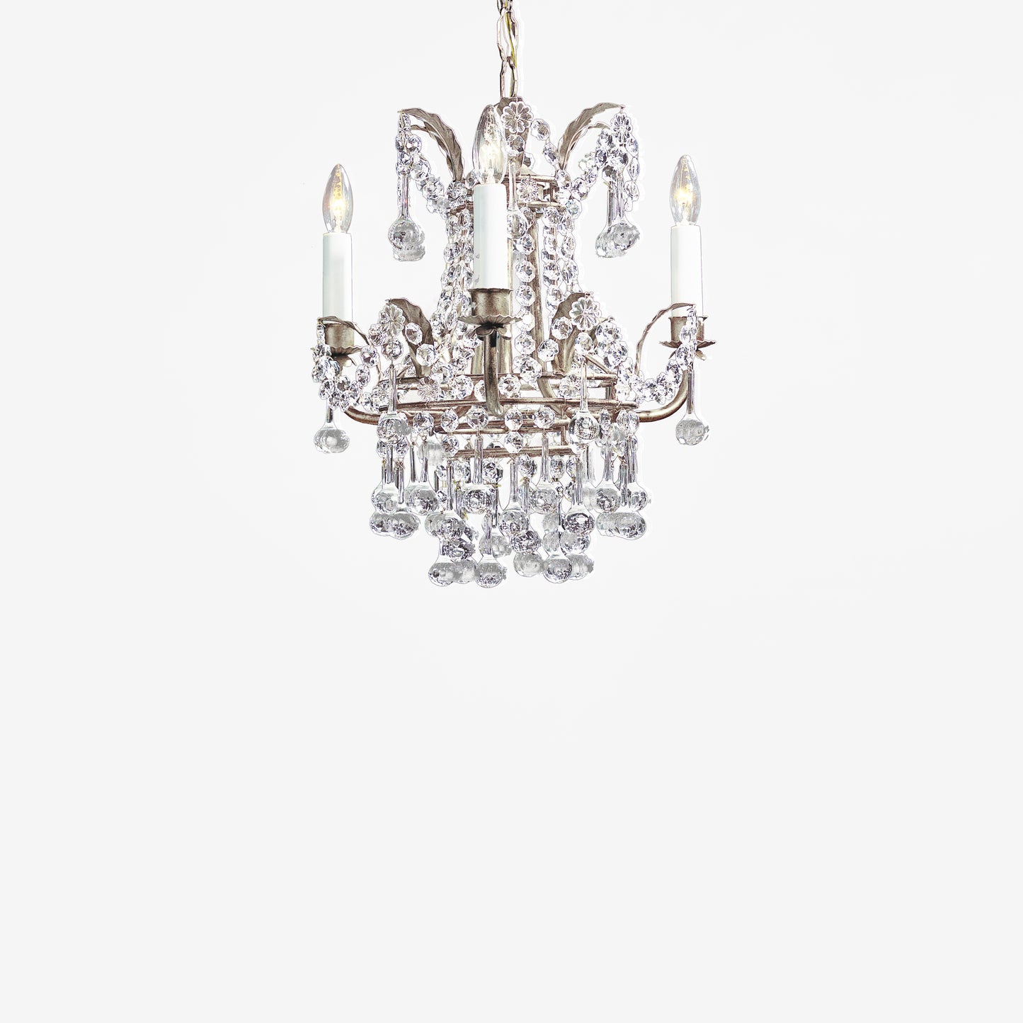 Crystal chandelier with silver trim.