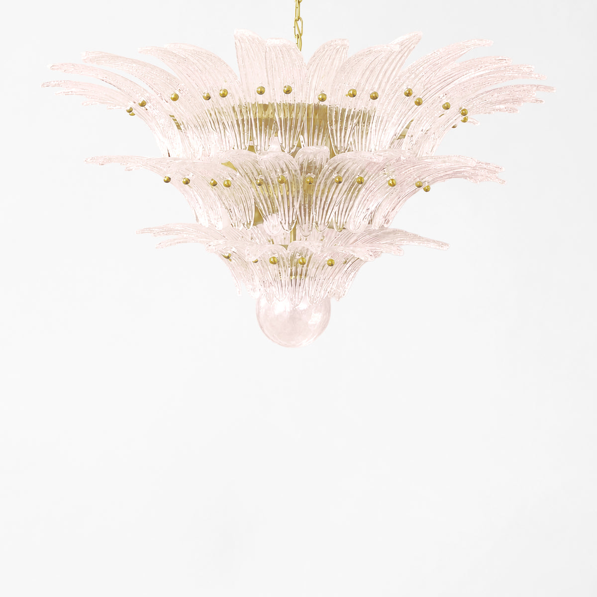 Pink palm Murano glass chandelier with gold hardware.