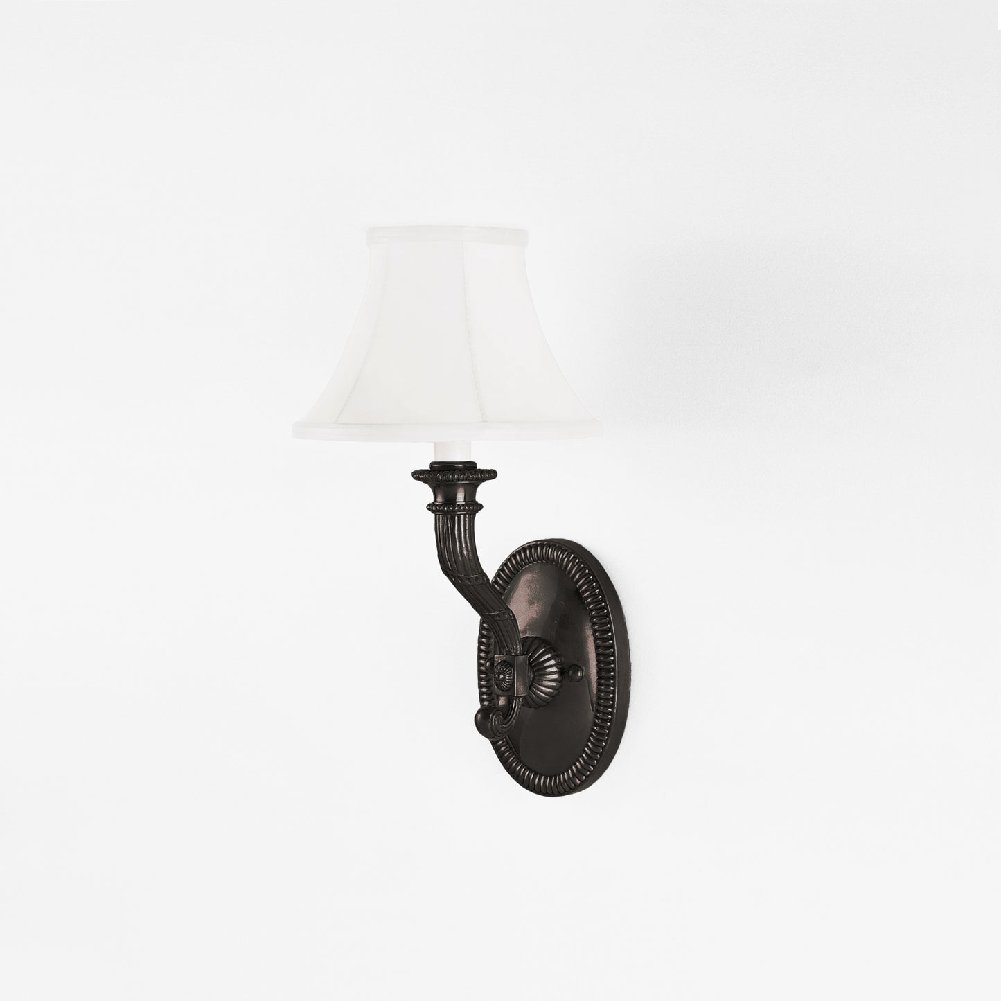 Traditional black sconce with white shade.