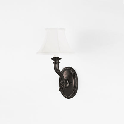 Traditional black sconce with white shade.