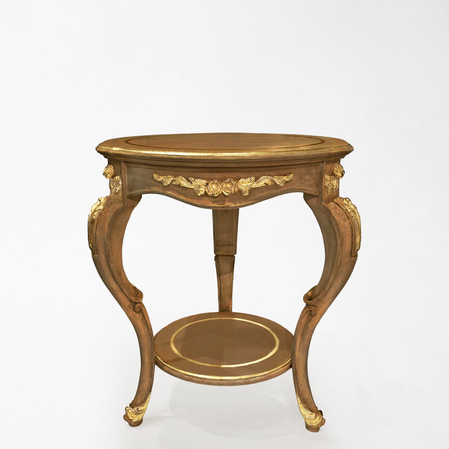 Round traditional wood Italian table with gold details.